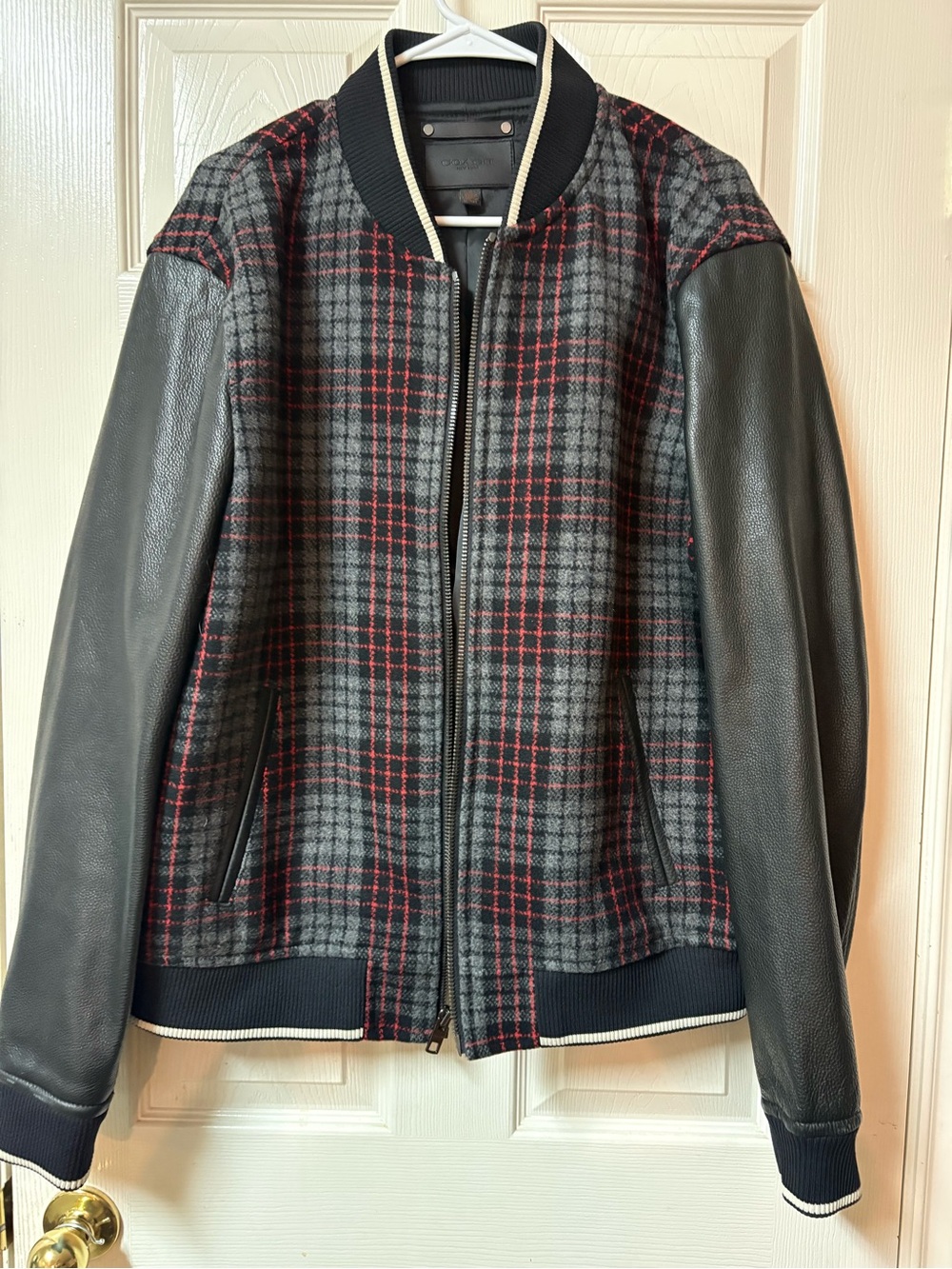 Coach Men's Wool Plaid Varsity Bomber Jacket Leather Sleeve Size XL